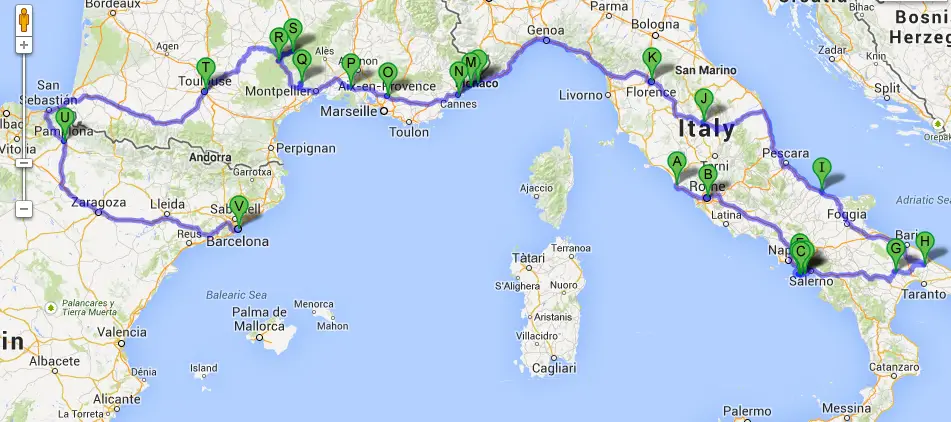 Mediterranean Coast Road Trip - map of 18 day journey