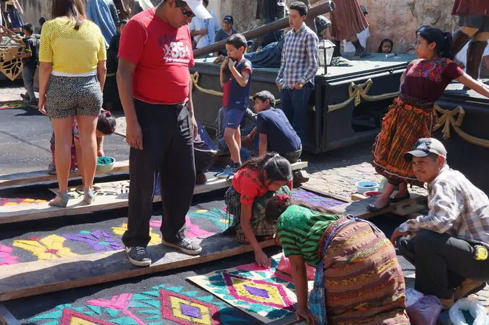 Semana Santa Antigua Guatemala sawdust carpet making