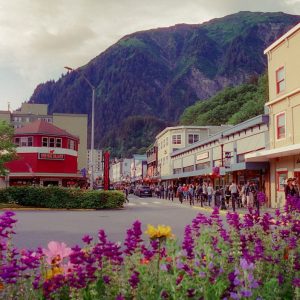 a town with a mountain in the background