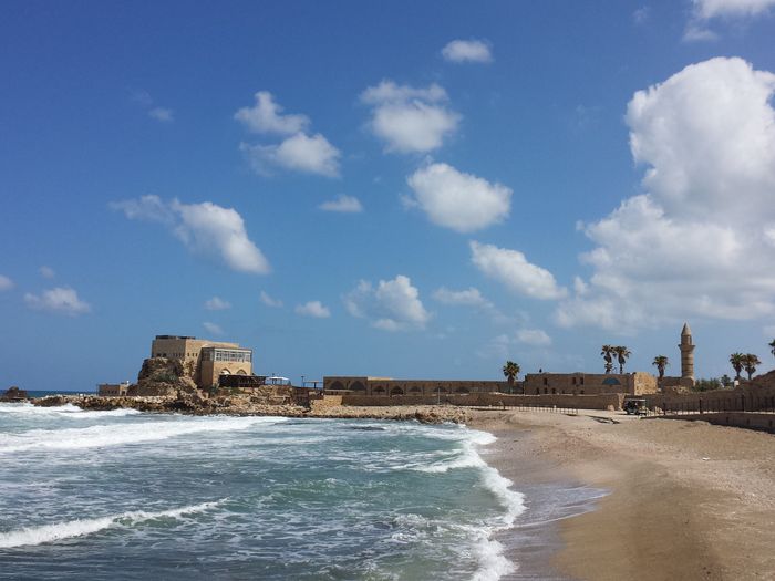 Picnic setup on Dor-Habonim Beach with Mediterranean coastline