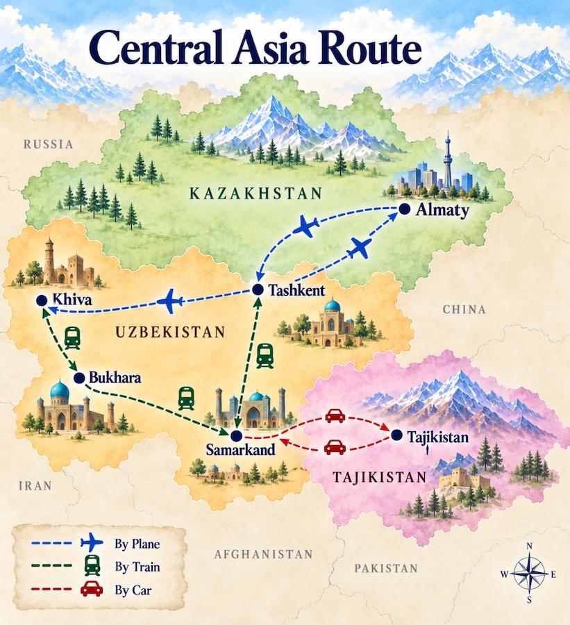 multi-country itinerary- Kazahstan, uzbekistan, Tajikistan - Central Asia - The Stans